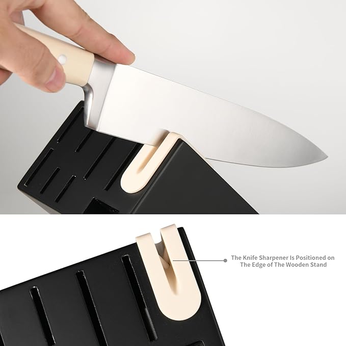 16 Pieces German Steel Knife Block Set, Extra-Long Creamy White Handles for Large Hands & Better Leverage, Professional Kitchen Knife Set with Sharpener & Shears, Modern Black Block