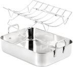 QPMR 16.5inch Roasting Pan with V-Shape Rack - Stainless Steel Large Turkey Roaster Pan for Turkey, Chicken, Ham Roaster with V-Shaped Baking Rack Heavy Duty Dishwasher Safe, Hold up to 22LB