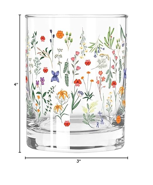 Slant Party Supplies Whiskey Glasses - Double Old Fashioned Cocktail Glass, 12-Ounce, Boho Flowers