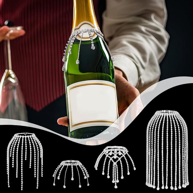 OLYCRAFT 4Pcs 4 Styles Rhinestone Wine Bottle Decoration Jewel Tassel Wines Bottle Short Veil 4.7 Inch Rhinestone Tassel Wine Bottles Pendant Wines Bottles Cork Charms for Party Wedding Decor