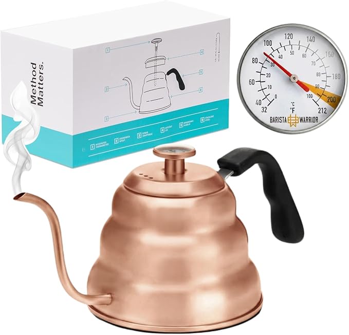 Barista Warrior Gooseneck Kettle with Built-In Thermometer for Pour Over Coffee & Tea - 1L Stainless Steel Kettle Stovetop Safe with Precision Spout - Copper Coated Stainless Steel