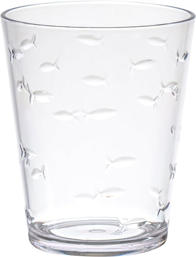 KLIFA- CHARLESTON- 16.5 oz, Set of 6, Acrylic Fishing Tumbler, School of Fish Drinking Glasses, BPA-Free, Stackable Plastic Drinkware, Dishwasher Safe Cups, Clear