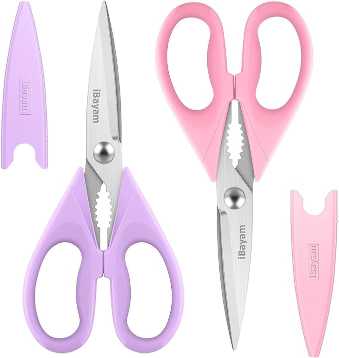 iBayam Kitchen Scissors, Purple Kitchen Utensils Accessories, All Purpose Heavy Duty Meat Scissors, Poultry Shears, Dishwasher Safe, Stainless Steel, 2-Pack, Pastel Pink, Soft Purple