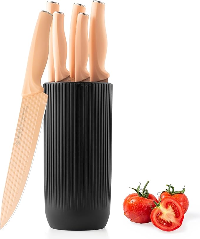 Kitchen Knife Set with Block, 6-Piece Non-stick Stainless Steel Sharp Knives Set for Precision Cutting with Universal Knife Block for Kitchen, Ergonomic Design & Dishwasher Safe, Pink