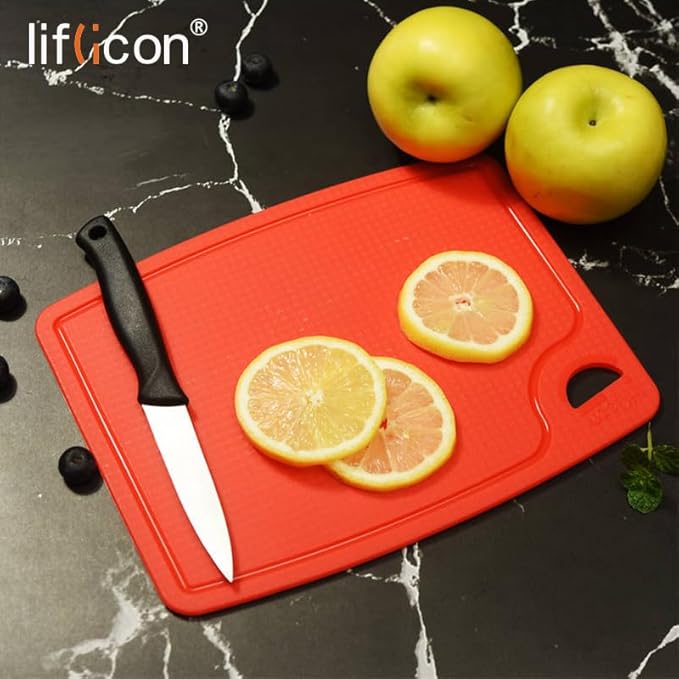Liflicon Thick Silicone Cutting Boards for Kitchen Silicone Chopping Boards/Mats Set of 2 Extra Large14.6''x10.43'', Mini 9.1”x7.1” Non-slip Deep Drip Juice Groove, Dishwasher Safe-Red