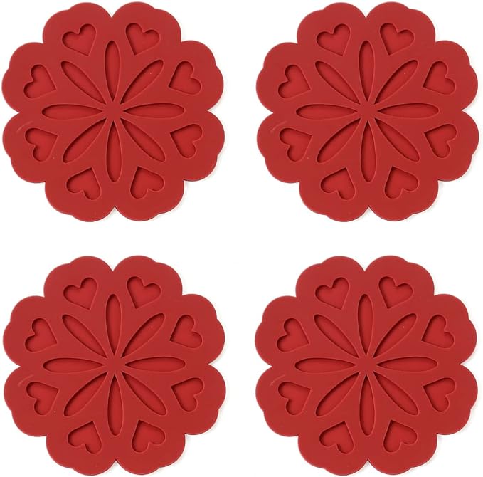 Set of 4 Silicone Trivet Mat - Hot Pot Holder Pads for Table & Countertop - Non-Slip & Heat Resistant Modern Kitchen Trivet for Dishes, Pots & Pans, Merlot Red