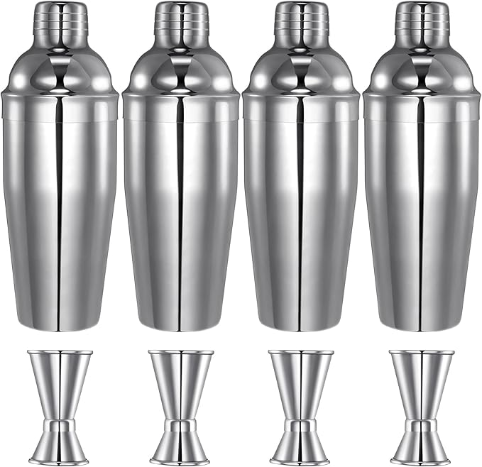 Umigy Cocktail Shaker Set Martini Shaker Bulk Stainless Steel Martini Mixer with Strainer and Double Measuring Jigger for Bar Party Home Use Wine Bar(25 Oz/ 750 ml,4 Packs)