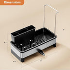 Sponge Holder for Kitchen Sink, Rustproof Stainless Steel Sink Caddy with Auto-Drain, Removable Brush Holders, Soap and Dishcloth Organizer, Black