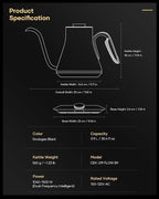 Cocinare Barista Collection Gooseneck Electric Kettle, ±1℉ Precise Temperature Control for Pour-Over Coffee & Tea, Quick Heating 1500W, Stainless Steel Interior, 0.9L (Soulages Black)