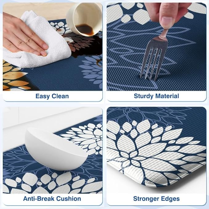 Kitchen Mats, 2PCS Non-Slip Cushioned Rugs, Anti-Fatigue Waterproof Floor Rug, Washable Standing Desk Mat, Home Laundry Office Apartment Decor and Accessories (17.3" ×70" +17.3" ×30"-Blue)