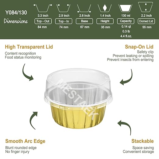100Pcs 2-Layers Aluminium Foil Cups with Lids, Golden 5oz Disposable Baking Molds, Chocolate Tarts, Muffin Cupcake Cheesecake Liners Pudding Milk Jelly Containers for Christmas Party