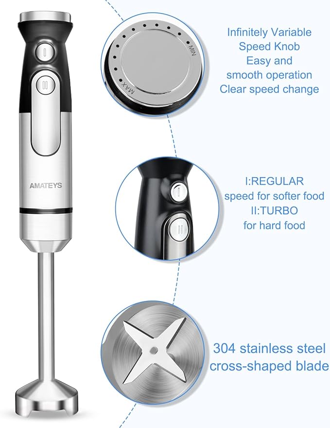Amateys Immersion Blender Handheld,700W Hand Mixer Infinitely Variable Speeds,Multi-function Stainless Steel Stick Electric Kitchen Smoothie Blender with Detachable Whisk, Milk Frother,for Soup Puree