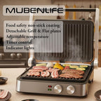 Panini Press,4 Slices Contact Grill with Removable Non-Stick Coated Grill and Flat Plates,Panini Makers with Temperature Control and Timer,Open 180 Degrees,Grill and Griddle (Silver wtih Full SUS)