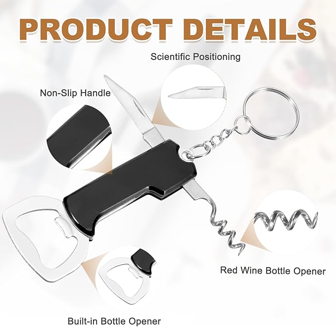 uxcell 2 Pcs Wine Opener, Bottle Opener Keychain, Durable Stainless Steel Waiter's Corkscrew, Compact All-In-One Home Bar Tool for Bar, Party, Wedding, Home, Travel, Black