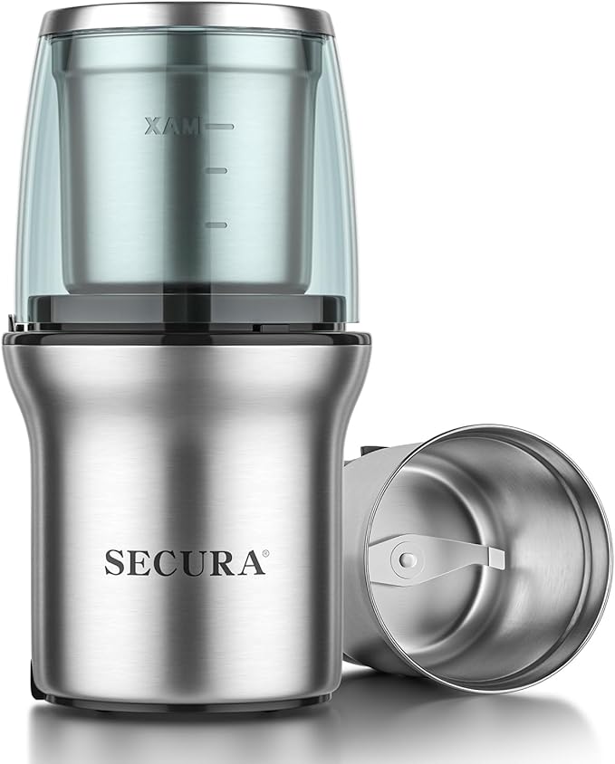 Secura Electric Coffee Grinder and Spice Grinder with 1 Stainless Steel Blades Removable Bowl