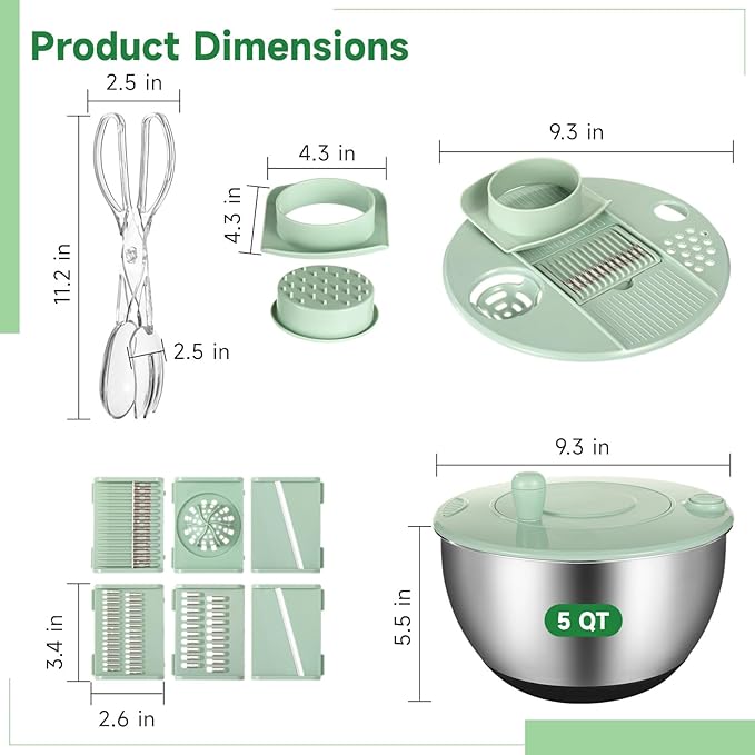 Stainless Steel Salad Spinner with Slicer Set, 5 Qt Large Rotation Vegetable Washer, 5 Interchangeable Slicers, Egg Separator, Anti-Slip Base Lettuce Bowl for Salad & Meal Prep