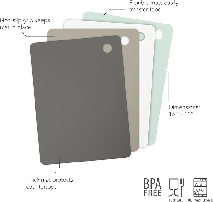 Tovolo Large Flexible Cutting Mats Set of 4 Chopping Boards for Meal Prep Cut Slice Dice Fruits Veggies & Meats, Easy Clean Dishwasher Safe Assorted Small Nylon Cutting Board Mat Set, 15" L X 11" W