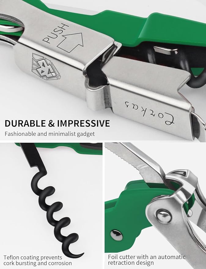 CORKAS Wine Key - Professional Handcrafted Heavy Duty Waiter Corkscrew, Compact Wine Opener with Double Hinged, Foil Cutter and Bottle Opener, Gifts for Servers, Sommelier, Bartenders - Dark Green