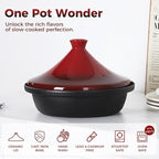 Moroccan Tagine for Cooking: Enameled Cast Iron Cooking Pot, Slow Cooker, Classic Kitchen Cookware, Tajine with Ceramic Cone-Shaped Closed Lid, 3.3 QT, Red