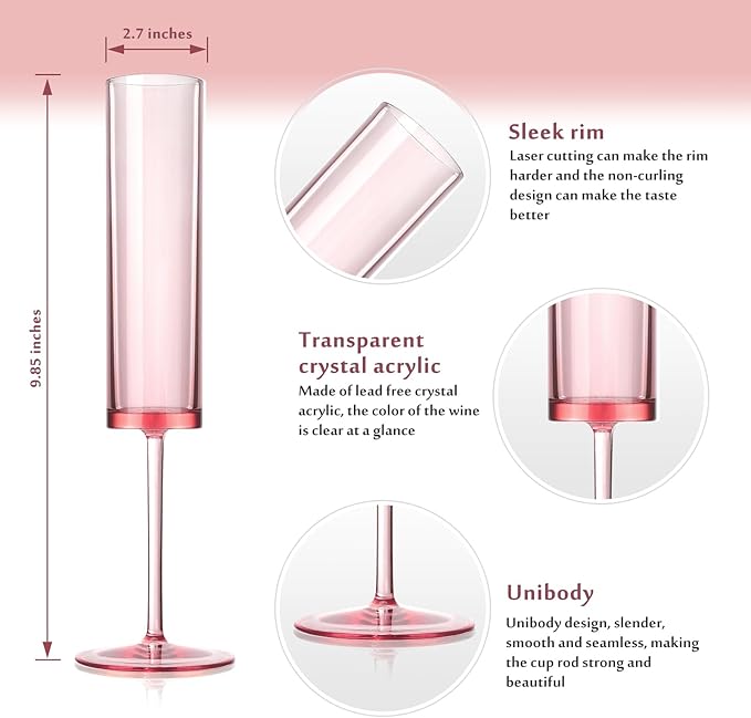 50 PCS Pink Champagne Flutes Plastic 5.4 OZ Clear Acrylic Champagne Flutes Sparkling Wine Glasses Wedding Table Decorations Reusable For Valentines Toasting Engagement Party Supplies
