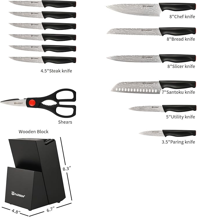 Damascus Pattern 15-Piece Kitchen Knife Set with Block, High Carbon Steel Chef Knife, Includes Sharpener and Scissors, Ergonomic Black Anti-Slip Handle and Red Trim, Perfect for Professionals