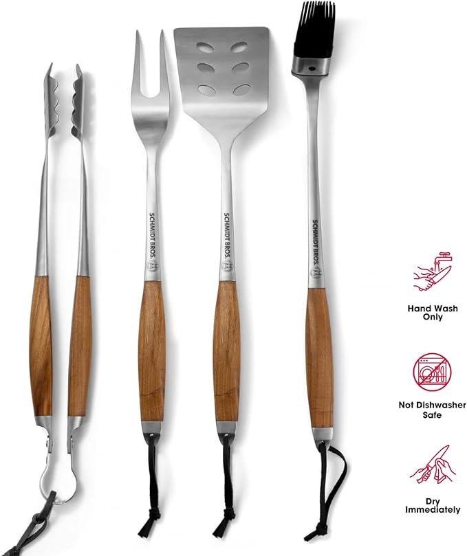 Schmidt Brothers - BBQ Bonded Teak 4 Piece Grilling Accessory Set, Full-Forged Stainless Steel Grilling Utensils Including Spatula, Fork, Basting Brush, and Tongs with All Wood Handles