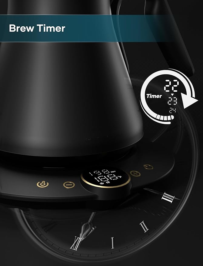 INTASTING Gooseneck Electric Kettle with ±1℉ Temperature Control for Pour Over Coffee & Tea, Quick Heating, BPA-Free Stainless Steel, Built-in Brew Timer, 1500W/0.9L (Ebony Black)