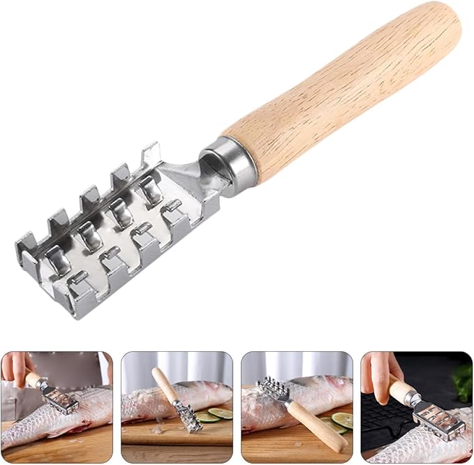 Abaodam 2pcs Fish Scale Scraper Wooden Handle Fish Cleaning Tool Seafood Scale Remover Kitchen Specialty Gadget