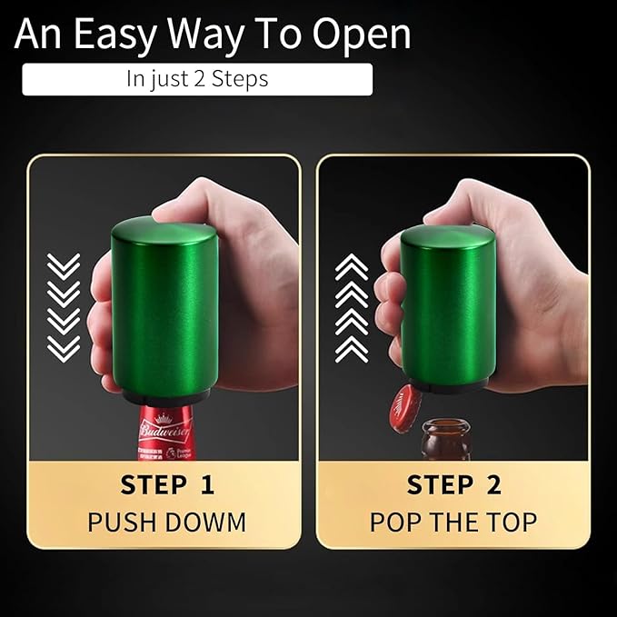 Automatic Beer Bottle Opener with Magnetic Cap, Stainless Steel One-Handed Lid Opening Spring Loaded Push&Pop Bottle Opener for Home Bars Picnic Camping Hiking（2PCS）