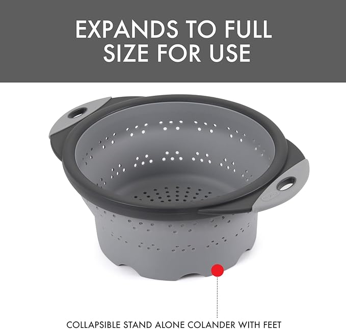 Dexas 8" Collapsible Silicone Colander in Cool Grey, Kitchen Strainer with Handles, 7.2 Cup Capacity | BPA-Free, Heat-Resistant, Space-Saving Kitchen Tool