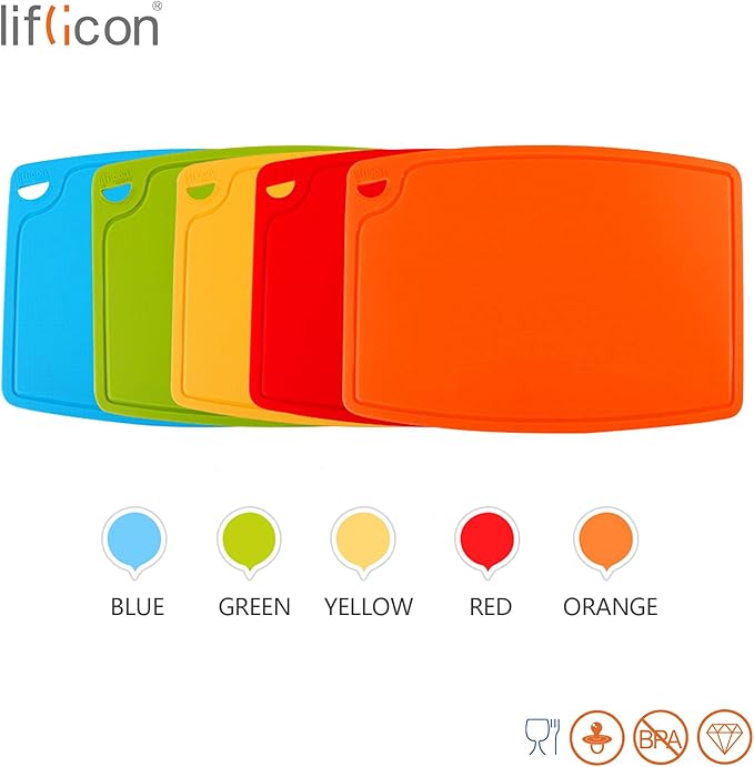 Liflicon Thick Silicone Cutting Board 12.6'' x 9.1'' Juice Grooves Easy Grip Handle Dishwasher Safe-Green