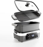 AEWHALE Multifunctional Electric Skillet with Grill|8 Cooking Functions|Removable Non-Stick Plate+Pot+Lid,1500 W Digital Family Size Griddle