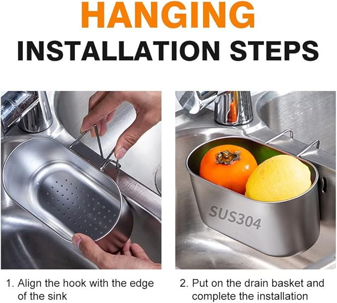 Sink Drain Strainer Basket Stainless Steel,Hanging Sink Strainer Colander Drain Basket Multifunctional Kitchen Sinks Food Waste Filter and Vegetables Fruits Clean (COLOR:silver)