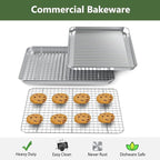 ROTTAY Baking Sheet with Rack Set (2 Pans + 2 Racks), Stainless Steel Cookie Sheet with Cooling Rack, Nonstick Baking Pan, Warp Resistant & Heavy Duty & Rust Free, Size 16 x 12 x 1 Inches (Pack of 2)