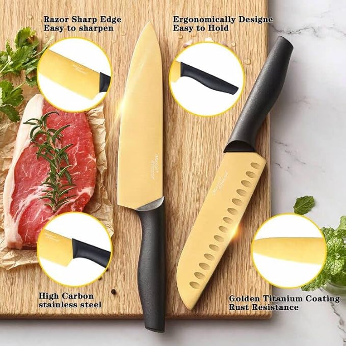 Marco Almond® Gold Knife Set With Block KYA23, 14 Pieces Stainless Steel Chef Cutlery Knives Set for Kitchen with Acrylic Stand