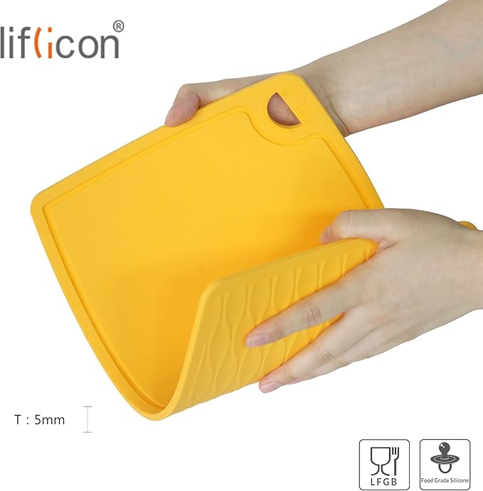 Liflicon Thick Cutting Boards for Kitchen Silicone Chopping Board Set of 2 Mid 12.6'' x 9.1”,Mini 9.1”x7.1” Non-slip Deep Drip Juice Groove Easy Grip Handle,Dishwasher Safe-Yellow