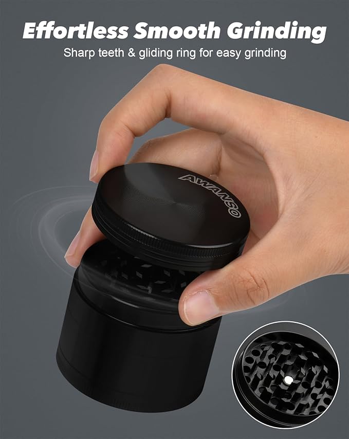 2" Grinder, Screen-Free, 3-Piece 4-Part Design, Zinc Alloy Grinder for Kitchen Spice, Black