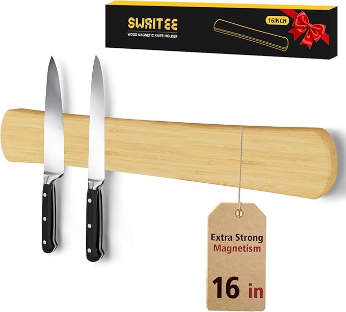 Swaitee Magnetic Knife Holder for Wall, 16 Inch Bamboo Knife Strip with Strong Magnetism, Kitchen Accessories Organizer, Housewarming Gifts for New Home, Storage Space Saver for Apartment/Rv/Farmhouse
