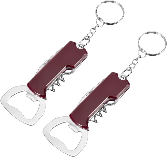 uxcell 2 Pcs Wine Opener, Bottle Opener Keychain, Durable Stainless Steel Waiter's Corkscrew, Compact All-In-One Home Bar Tool for Bar, Party, Wedding, Home, Travel, Dark Red
