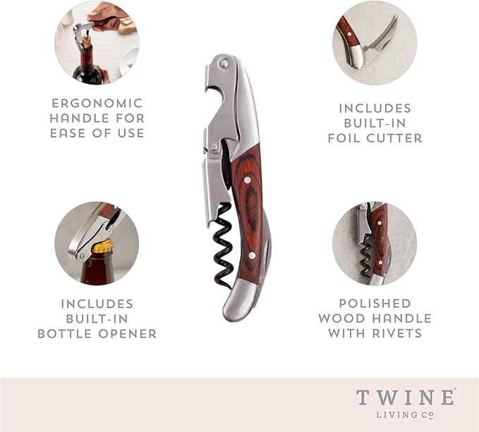 Twine Double Hinged Waiters Corkscrew Wine Opener with Built-in Bottle Opener and Foil Cutter, Durable Stainless Steel with Wood Handle, Home Bar, Kitchen, Travel, Gifts for Wine Lovers, Set of 1