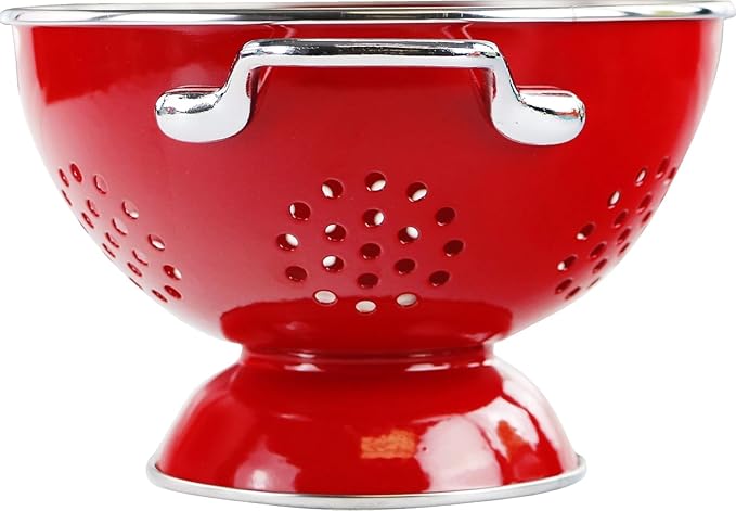 Reston Lloyd Calypso Basics Extra Large Enameled Colander with Solid Base, Strainer Basket with Handles, for Pasta, Berries, Vegetables, Fruit, Red, 7 Quart (224oz/ 6.6 L)