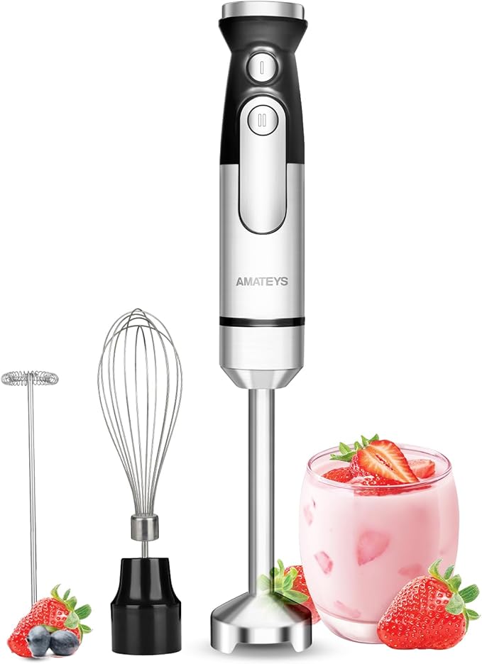Amateys Immersion Blender Handheld,700W Hand Mixer Infinitely Variable Speeds,Multi-function Stainless Steel Stick Electric Kitchen Smoothie Blender with Detachable Whisk, Milk Frother,for Soup Puree
