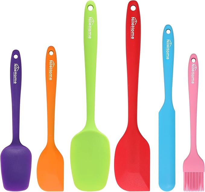 NileHome Silicone Spatula Set, 6 Pieces Food Grade Kitchen Utensils with Silicone Brush Heat Resistant Dishwasher Safe BPA-Free Rubber Spatula for Scraping, Baking, Cooking, Mixing-Multicolor