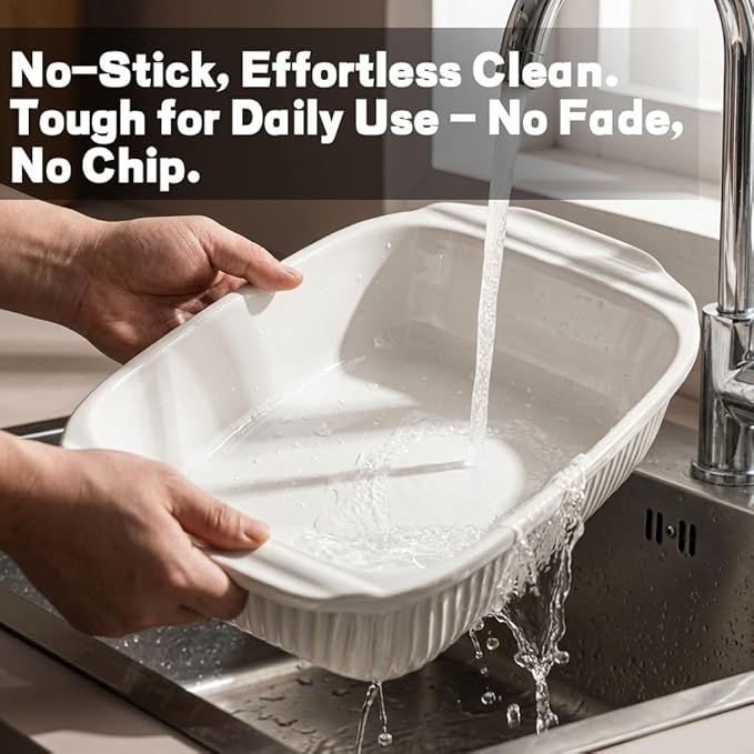 Artena Baking Dish 5.1 Quarts, Casserole Dishes For Oven, Baking Pan With Handles, Lasagna Pan Deep, Large Casserole Dish, Rectangular White Ceramic Bakeware (Baking Dish With Lids)