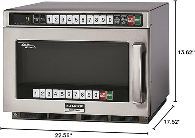 Sharp R-CD1800M Commercial Microwave Oven, TwinTouch Heavy Duty with Dual TouchPads, 1800 Watts, 0.75 Cu. Ft. Capacity, Stainless Steel, 10 Memory Pads, 4-Stage Programming, Auto Voltage Sensor