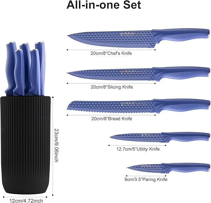 Kitchen Knife Set with Block, 6-Piece Non-stick Stainless Steel Sharp Knives Set for Precision Cutting with Universal Knife Block for Kitchen, Ergonomic Design & Dishwasher Safe, Purple