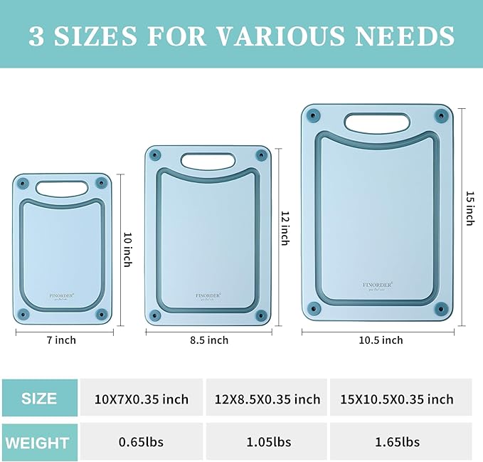 Finorder Set of 3 Sizes Cutting Board, Blue Double Side Non Slip Cutting Boards with Easy Grip Handle and Juice Grooves, BPA-Free Dishwasher Safe Reversible Chopping Board for Veggies Chopping Meat