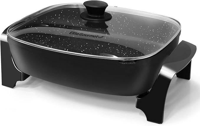 Elite Gourmet EG-6203# Extra Deep 16"x13" (10.5 Qt.) Non-Stick Electric Skillet with Glass Vented Lid & Pour Spout | Dishwasher Safe, Long-Lasting Non-Stick, 200-400°F | Serves 6-8, Black