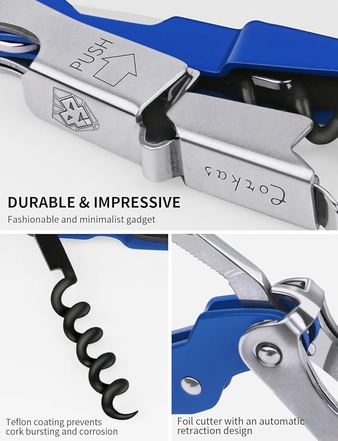 CORKAS Wine Key - Professional Handcrafted Heavy Duty Waiter Corkscrew, Compact Wine Opener with Double Hinged, Foil Cutter and Bottle Opener, Gifts for Servers, Sommelier, Bartenders - Blue