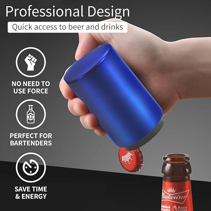 Destapador De Cerveza Automatic Beer Bottle Opener with Magnetic Cap Bottle Opener, Stainless Steel One Handed Lid Opening Spring Loaded Push&Pop Bottle Opener for Kitchen Home Bar Gift（Blue）